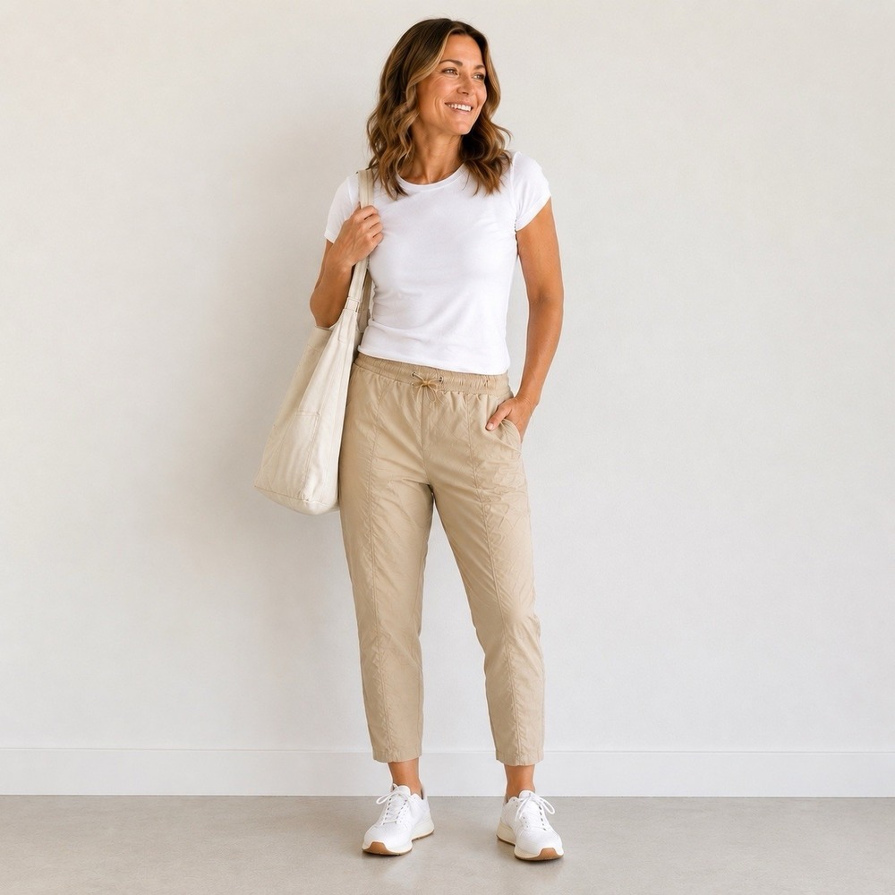 Wilo Parachute Nylon Jogger Pants Women Medium Beige Athleisure Elastic Hiking